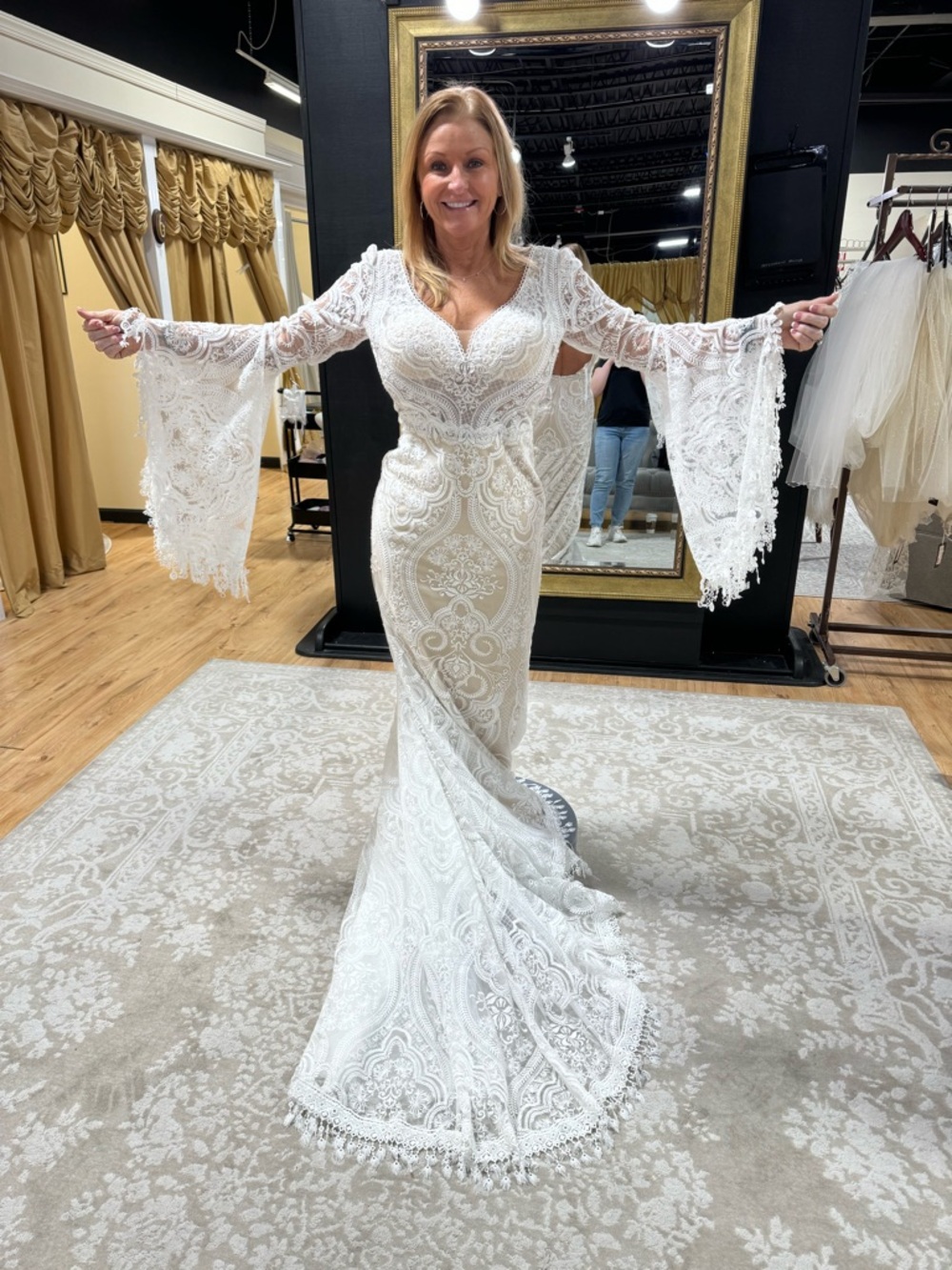 Ivory Lace Long-Sleeve Bridal Gown with Bell Sleeves